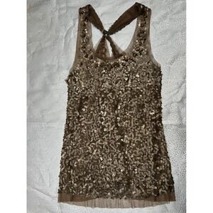 Lipstick Brown Sequin Mesh Halter Top Beaded Neckline Y2K Glam L